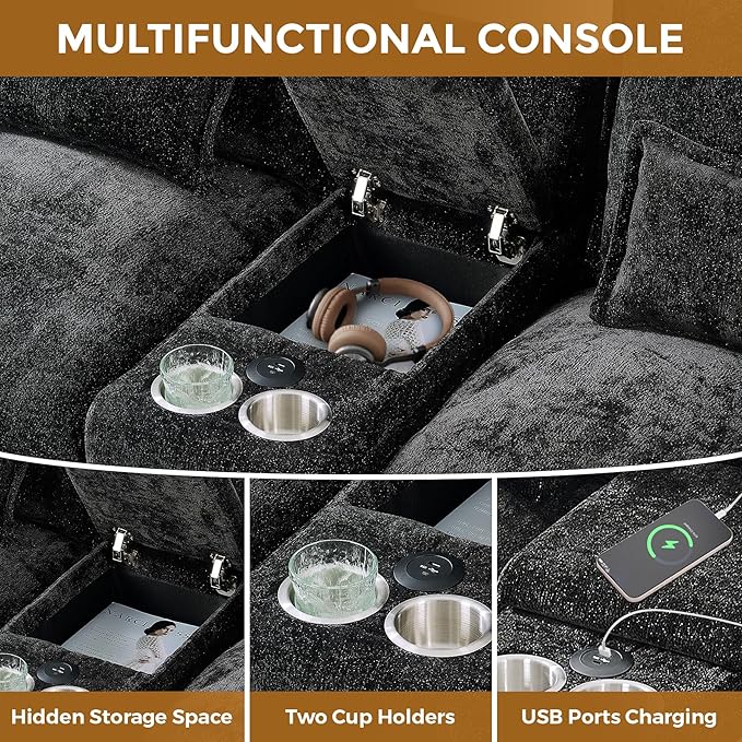 HYJT-H&K 124" U Shaped Cloud Couch Sectional, Comfy Fluffy Chenille Black Sectional Couches for Living Room, Modern Modular Sectionals Sofa with Central Console Double Chaise Lounge Black Grey