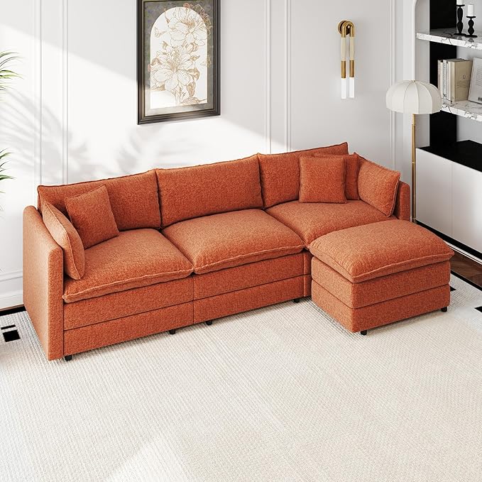 Aoowow Modular Sectional Sofa Modern Convertible L Shaped Couch,111.5 Inch Deep 3-Seater Sofas Set Comfy Chenille Cloud Sofas and Couches with Movable Ottoman for Living Room Apartment(Orange)