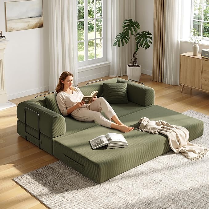 79 Inch 5-in-1 Convertible Sofa Bed, Corduroy Boneless Floor Couch with Fixed Frame & Pillow, Modular Folding Mattress Lounger for Small Space, Living Room, Bedroom - Easy Assembly(LIGHT GREEN)