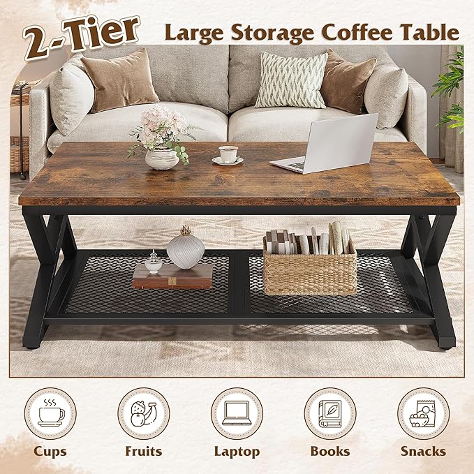 EnHomee Coffee Table with Storage, Modern Coffee Tables for Living Room with Mesh Shelf, 2 Tier Rectangular Center Table for Living Room, Bedroom, 39.4 Inch, Rustic Brown
