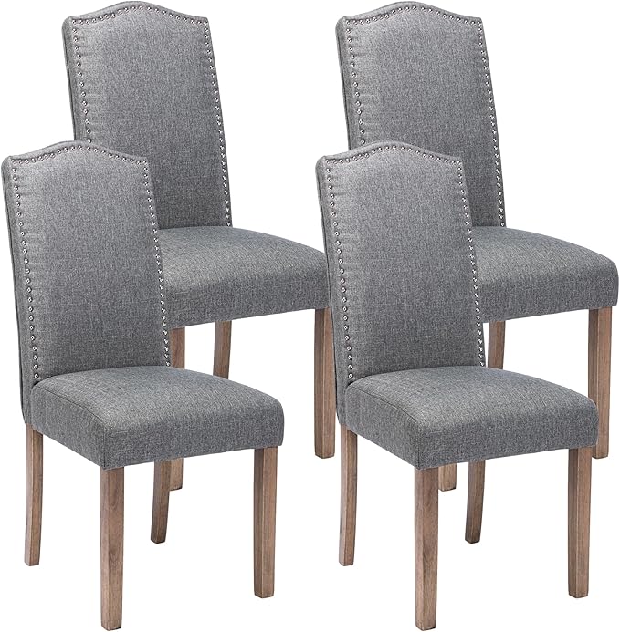 Snugway Upholstered Dining Chair Stylish Parsons Kitchen High Back with Silver Nailhead Trim & Wood Legs, 4-Pack, Fabric Classic Grey