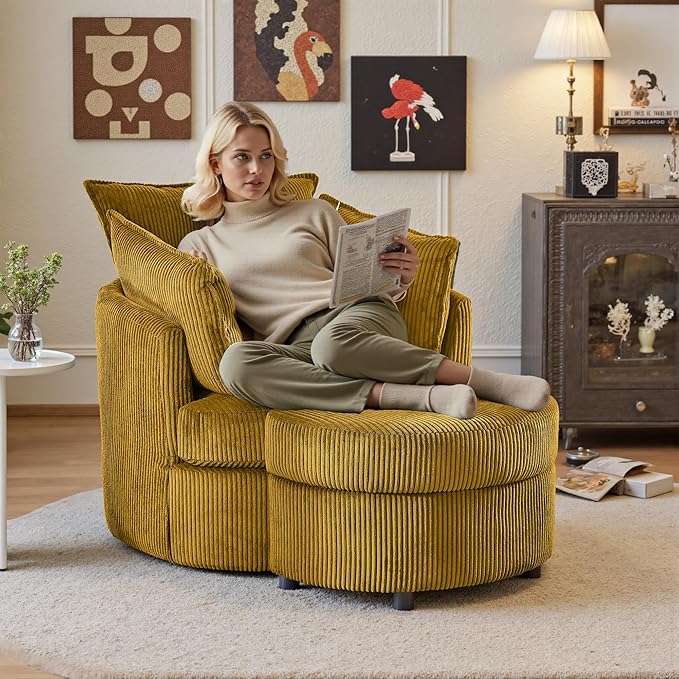 Chorlenimi Swivel Accent Chair Round Barrel Armchair Upholstered Living Room Chair Corduroy Reading Chair Single Sofa Chair for Bedroom Apartment Office (Yellow, Upgrade 1Seater+ Ottoman)