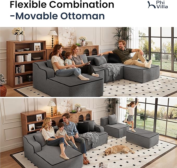 PHI VILLA Cloud Modular Couch, Boneless Sectional Sofa with U-Shaped Chaise, 6-Seater Couches with Movable Ottoman for Living Room, No Assembly Required, Corduroy, Grey