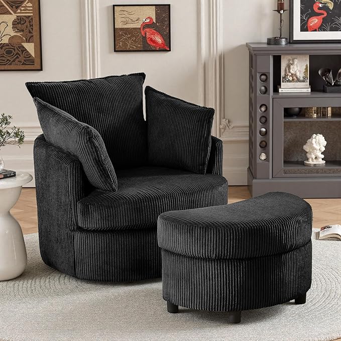 Chorlenimi Swivel Accent Chair Round Barrel Armchair Upholstered Living Room Chair Corduroy Reading Chair Single Sofa Chair for Bedroom Apartment Office (Black, Upgrade 1Seater+ Ottoman)