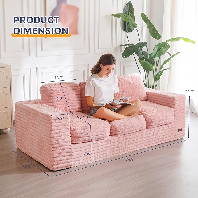 MAXYOYO 3-Seater Boneless Sofa Couch in a Box, Modern Faux Fur Sofa for Living Room, Soft High-Density Foam Couch with Pillows, Fluffy & Supportive Chair Lounge, No Assembly Required, Pink