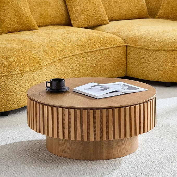 31.49'' Round Wood Coffee Table with Storage for Living Room, Modern Handcraft Drum Coffee Table, Circle Wooden Table for Small Space Apartment (Ash, Ø31.49 x 13.77 with Storage)