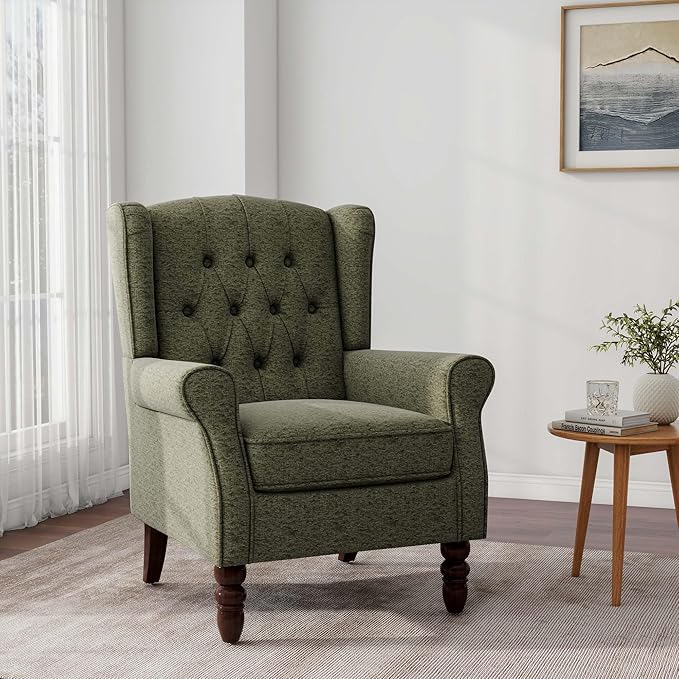 DREAMSIDEA Accent Chair, Upholstered Armchair with Button Tufted High Back & Solid Wood Legs, Comfy Wingback Reading Single Sofa Chair for Small Spaces, Living Room, Bedroom-Green, Set of 1
