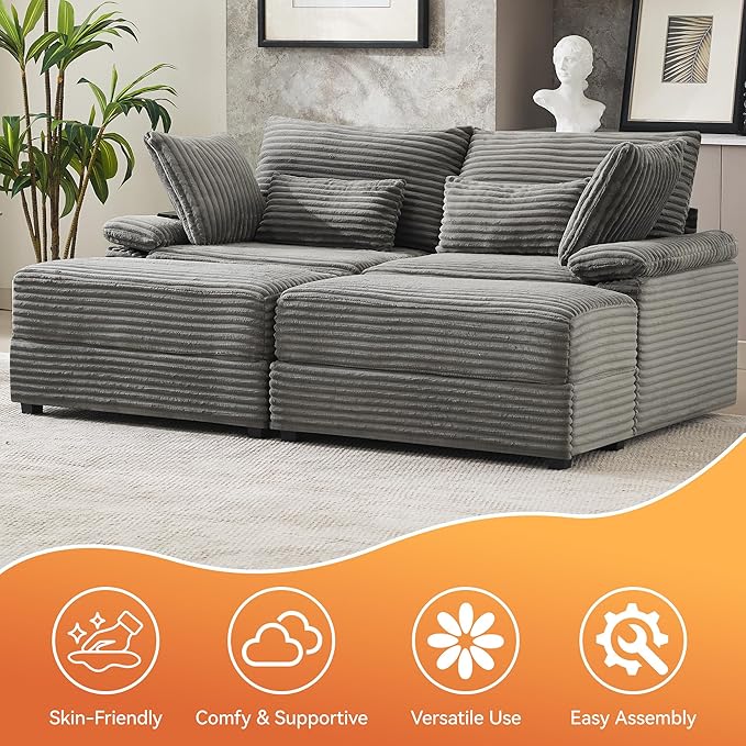 75" Corduroy Loveseat with Storage Ottoman, Cloud Deep Seat Couch with Convertible Ottoman Coffee Table & USB, Double Chaise Lounge for Living Room, Grey