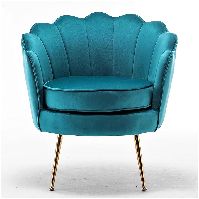 Container Furniture Direct Velvet Barrel Accent Chair with Scalloped Silhouette and Gold Metal Legs, Decorative Piece Suitable for Traditional, Modern, and Contemporary Spaces, Greenish Blue