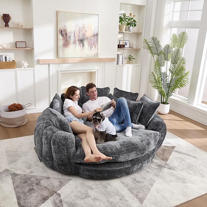 81" Oversized Bean Bag Chair Boneless Round Chaise Lounge Comfy Chenille Reading Chair Fluffy Plush Sofa Bed Large Deep Seat Circle Cloud Couch for Living Room, Bedroom, Apartment, Dark Gray