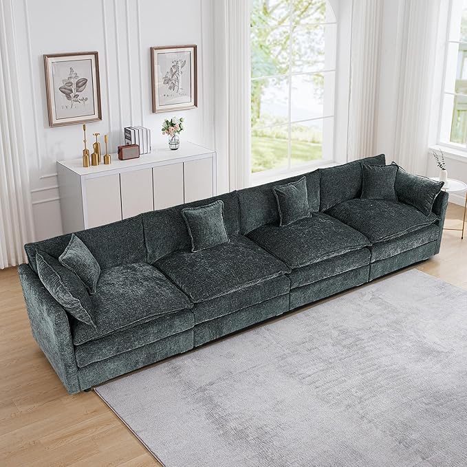 Aoowow Modular Sectional Sofa,147.2 Inch Deep 4-Seater Sofas Comfy Chenille Cloud Sofas and Couches with Pillows for Living Room Apartment（Grey）