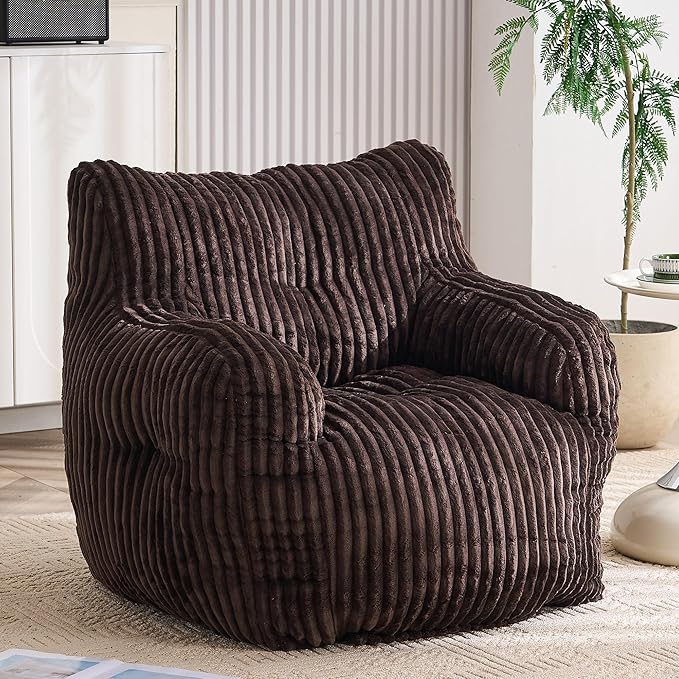GDFStudio 37" Bean Bag Chair Oversize Bean Bag Lazy Floor Sofa with Back Support Comfy Corduroy Memory Foam Chair with Armrest for Living Room Bedroom, Brown