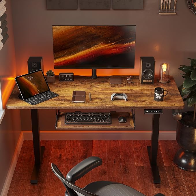 FEZIBO Standing Desk with Keyboard Tray, 48 x 24 Inch Adjustable Height Sit Stand Desk with Memory Presets for Home Office, Ergonomic Computer Workstation, Rustic Brown