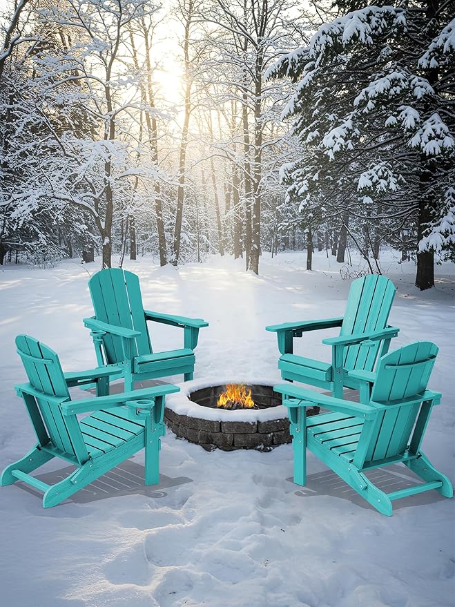 KINGYES Folding Adirondack Chair Set of 2, Dual Cup Holders & All-Weather HDPE, Wood-Like Patio Chair for Backyard, Camping, Pool & Fire Pit, Aruba