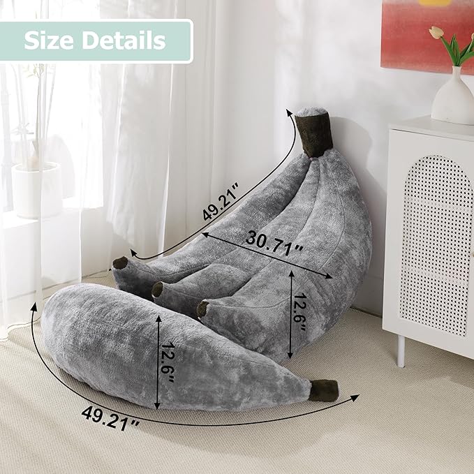 Banana Bean Bag Chair with Ottoman, Floor Sofa Bed with Footrest, Comfy Convertible Lounger for Teens & Adults, Plush Couch for Bedroom, Living Room or Dorm, M-Grey