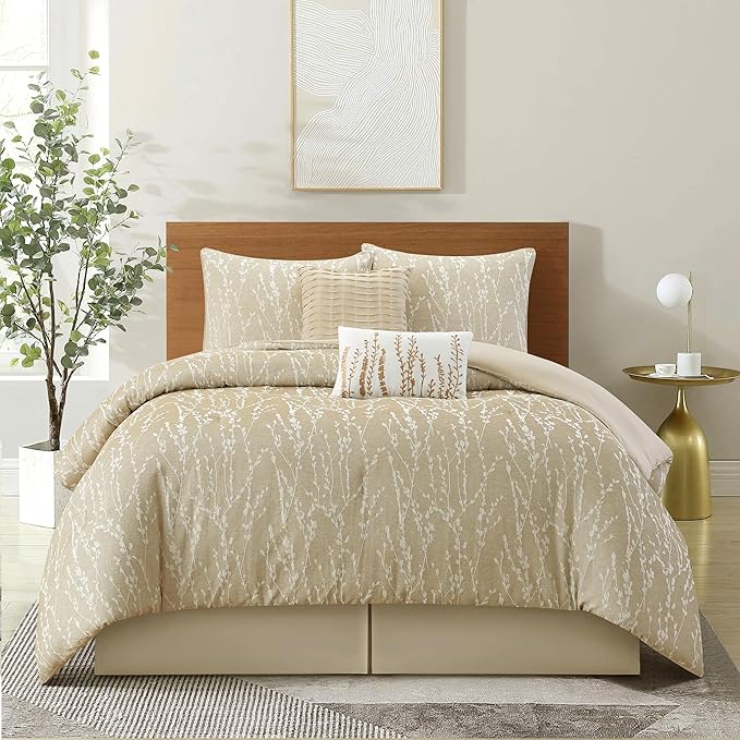 Grand Avenue 6 Piece Cotton Taupe Comforter Set, California King Size Jacquard Bedding Set, All Season Floral Leaves Bedding Set, Matching Pillows, Shams, Bed Skirt