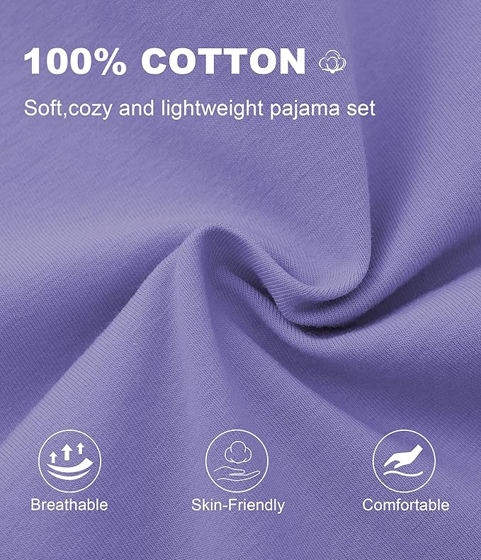 CF Women's 100% Cotton Pajama Sets Soft Short Sleeve Tops & Pants Comfy Sleepwear 2 Piece Lounge set with Pockets Loungewear