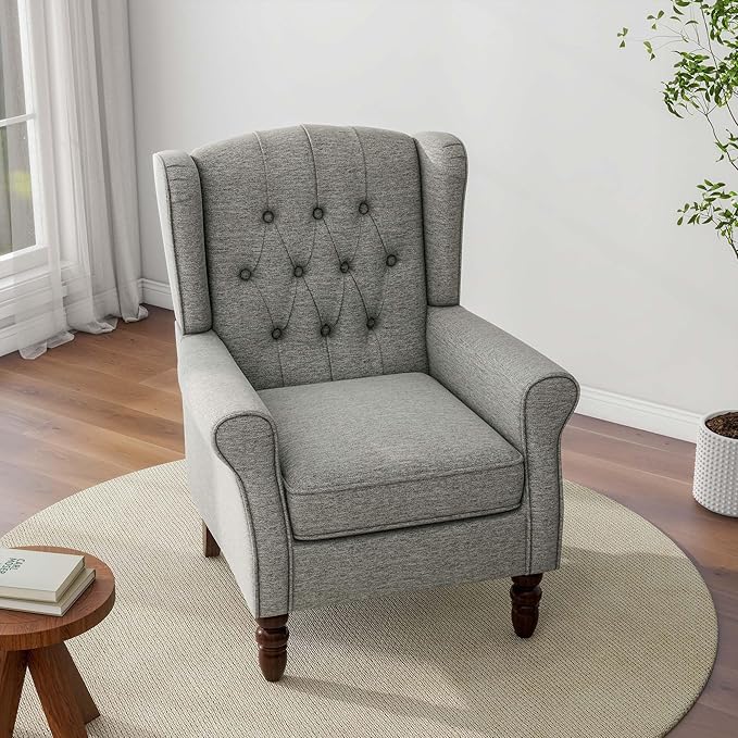DREAMSIDEA Accent Chair, Upholstered Armchair with Button Tufted High Back & Solid Wood Legs, Comfy Wingback Reading Single Sofa Chair for Small Spaces, Living Room, Bedroom (Light Grey, Set of 2)