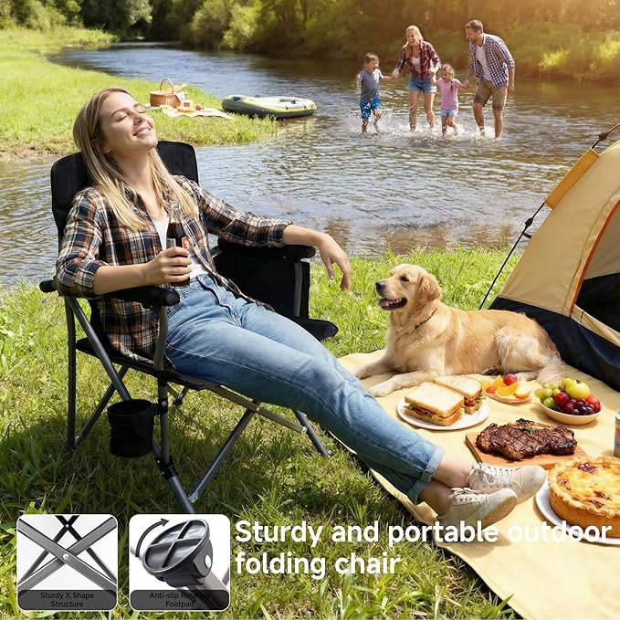 Folding Camping Chair with Cup Holder and Storage Bag, Heavy Duty Support 400 LBS, Oversized Collapsible Portable Camping Chair for Outdoor Camp, Picnic, Travel, Fishing Black