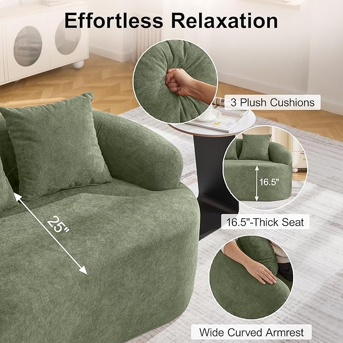 Abbrevi 65" Curved Loveseat Sofa, Deep Seat Love Seat Couches with 3 Throw Pillows, Modern 2 Seater Boneless Curved Couch, Compressed Floor Sofa for Living Room Small Spaces, No Assembly, Green