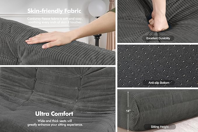 Bean Bag Chair,Giant Beanbag Chairs for Adults,Comfy Large Fireside Chair Lazy Sofa,Corduroy Bean Bag Lounger with Memory Foam Filled,Floor Sofa Couch for Living Room (Dark Grey, 3-Seater)