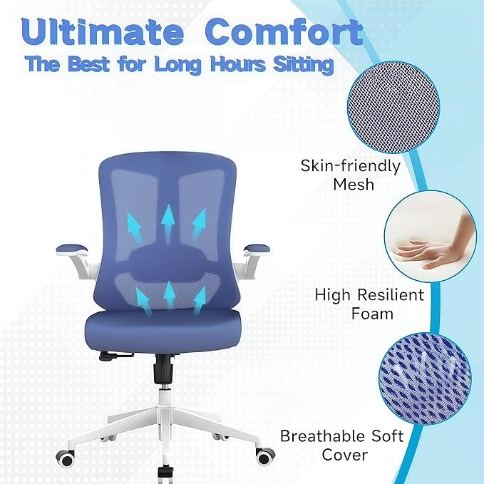 Ergonomic Office Chair - 400LB Comfy Desk Chairs with Lumbar Back Support, Mesh Computer Chairs with Wheels and Arms for Home Office, Study (Blue-Without Headrest)