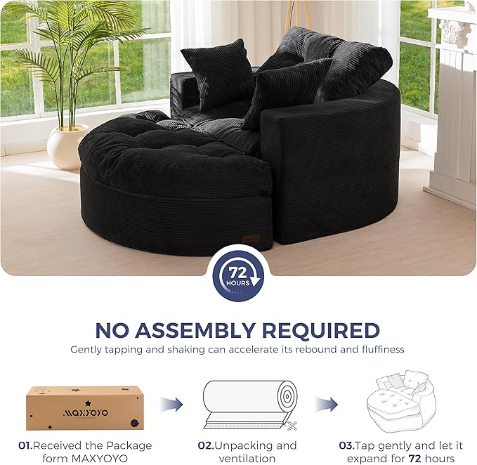 MAXYOYO Oversized Round Chaise Lounge Sofa, Upholstered Lounge Chair with 3 Pillows, Boneless Sofa Couch with Ottoman, Deep Seat Sleeper Chair for Living Room, Bedroom, No Assembly, Black