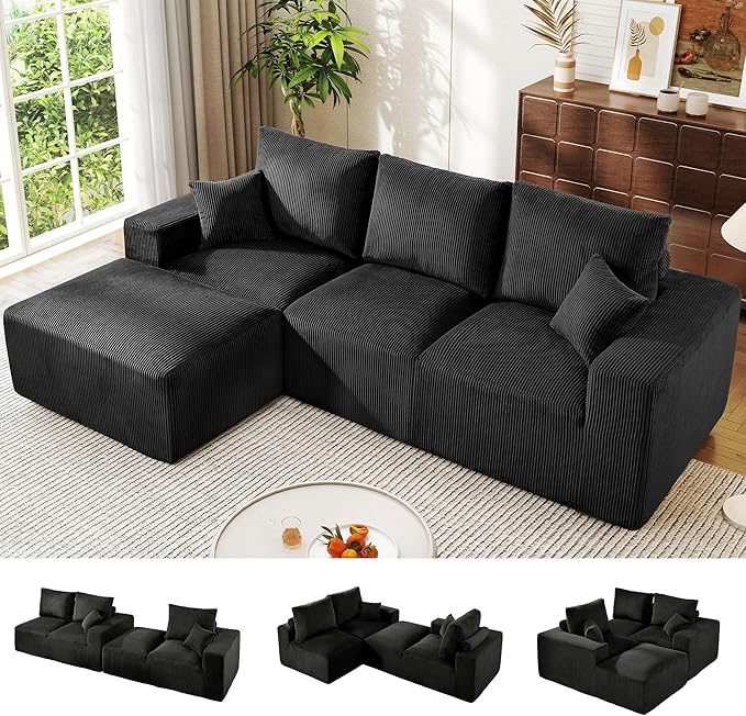 WESTSETLUX 108” Cloud Sectional Sofa Couch with High-Seat, Corduroy Modular Sofa with Oversized Chaise, High-Back Modern L-Shaped Couches for Living Room, No Assembly Required (Black)