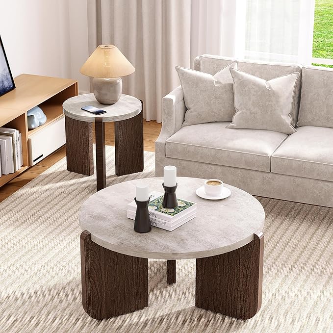 SUNBURY Modern Round Coffee Table with Sturdy Base, Wood Center Tables for Living Room Reception Room, Faux Marble Tabletop, Easy Assemble