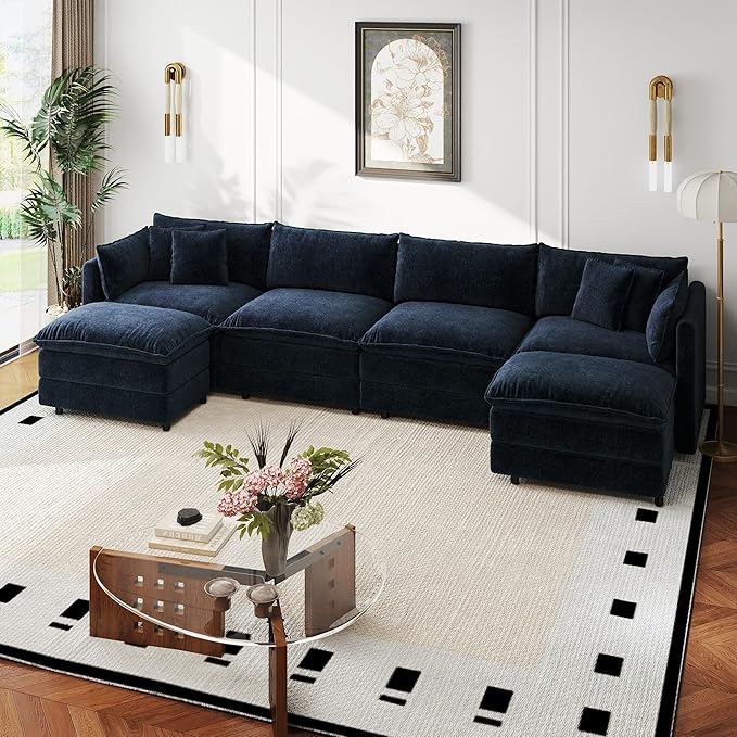 Aoowow Modular Sectional Sofa Modern Convertible U Shaped Couch,147.2 Inch Deep 4-Seater Sofas Set Comfy Chenille Cloud Sofas and Couches with Movable Ottoman for Living Room Apartment（Blue）