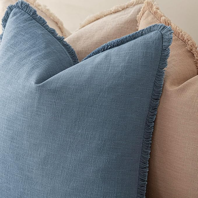Foindtower Set of 2 Decorative Linen Fringe Throw Pillow Covers Cozy Boho Farmhouse Cushion Cover with Tassels Soft Accent Pillowcase for Couch Sofa Bed Living Room Home Decor, 24×24 Inch, Misty Blue