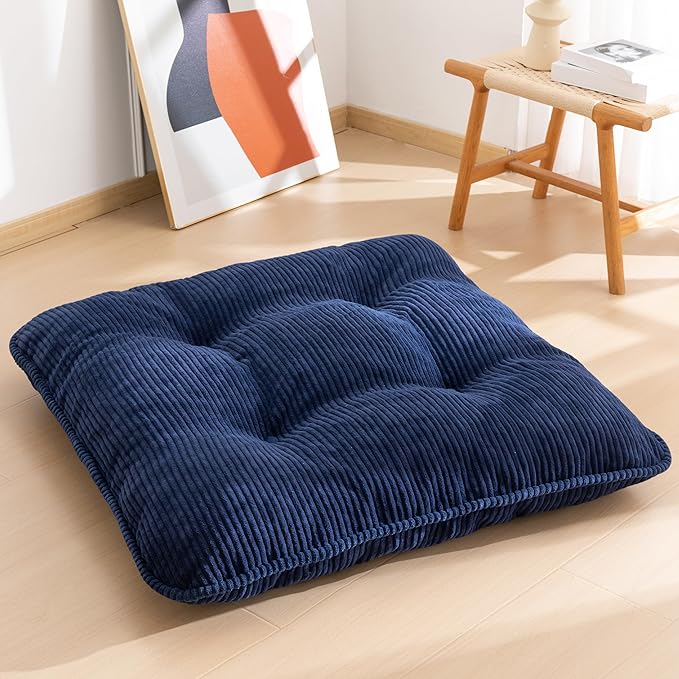 35" Washable Floor Pillow Cushion for Adults, Meditation Cushion Pillow, Extra Large Square Floor Sitting, Removable Tufted Corduroy Cover, for Tatami Living Room or Yoga, Navy, Machine Washable