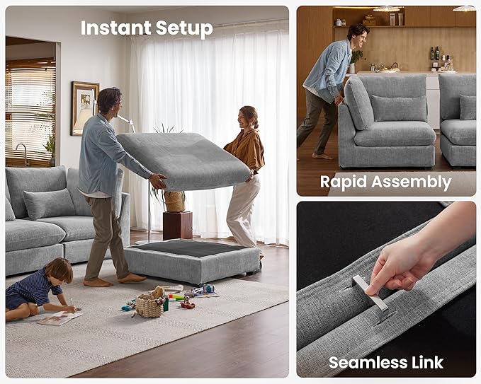Oversized Modular Sofa, Extra Deep Cloud Chenille Sectional Couch with Ottoman Chaise, Fluffy Chenille 5 Seater Sofa Bed for Living Room, Villa (U Shape 5 Seater, Chenille Grey)