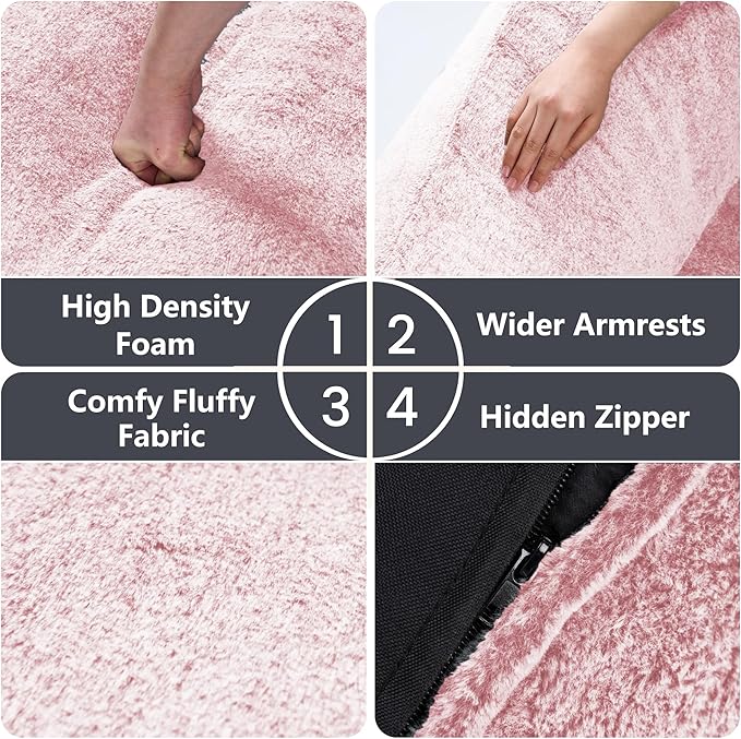 Bean Bag Chairs for Adults, Giant Beanbag Sofa Comfy Reading Chair, Oversized Bean Bag Chairs for Living Room Bedroom, Soft Faux Fur Fabric, 3.2FT, Pink, Plush