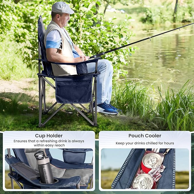 Oversized Camping Chair Heavy Duty 500LB - Portable Folding Chair with Cooler Bag, Cup Holder & Waterproof Phone Case for Adults, Beach, Hiking, Backyard (Blue & Gray, 2 PCS)