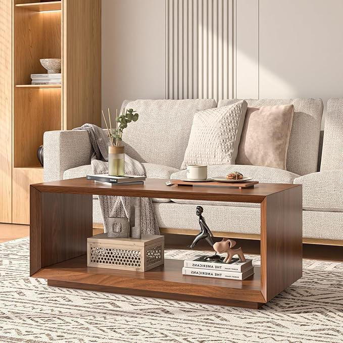 Coffee Table with Storage, Mid Century Modern, Rectangle Cocktail Tea Table, Farmhouse Wood Coffee Table for Living Room, Home Office (Walnut)