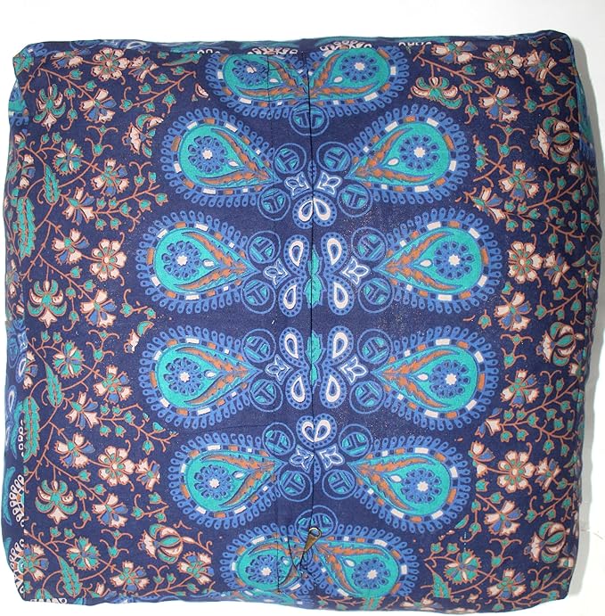 CRAFT KALA Blue Peacock Large Hippie Mandala Meditation Floor Ottoman Pillow Cushion Pouf Cover Square Poufs Bohemian Circle Floor Cushion Case Outdoor Fireplace Living Room Decor Cover 24" Square