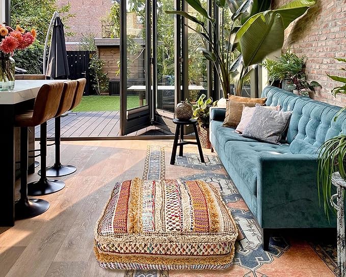 Mandala Life ART Bohemian Floor Cushion Cover - Pure Wool and Cotton Mix - 24x24x8 inches -Filler not Included - Artisan Hand Embroidery Patch Work - Boho Chic Luxury Moroccan Pouf Cover