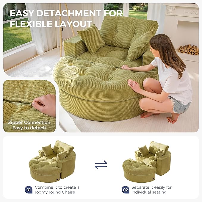 MAXYOYO Oversized Round Chaise Lounge Sofa, Upholstered Lounge Chair with 3 Pillows, Boneless Sofa Couch with Ottoman, Deep Seat Sleeper Chair for Living Room, Bedroom, No Assembly, Green