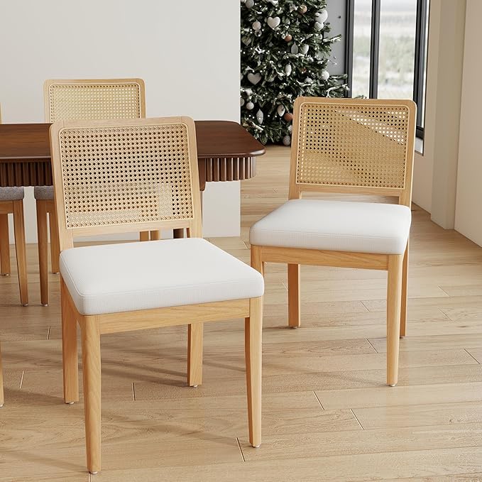 LukeAlon Set of 6 Farmhouse Dining Chairs - Modern Woven Cane Back, Plush Chenille Upholstered Seat, Solid Wood Legs, Mid Century Kitchen & Dining Room Chairs, Comfortable Accent Side Chairs, White
