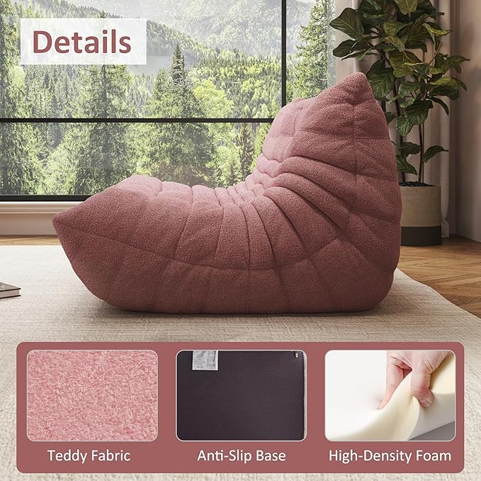 Bean Bag Chair, Oversized Loveseat Fireside Chair for Adults, 2 Seater with Memory Foam Filled, Lazy Sofa Lounge Floor Sofa for Living Room, Bedroom, Office, No Assembly Required. (Pink)