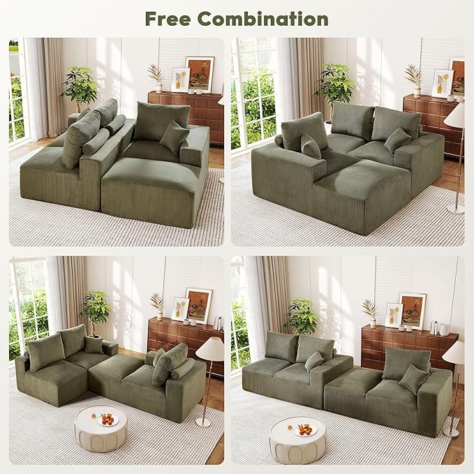 WESTSETLUX 108” Cloud Sectional Sofa Couch with High-Seat, Corduroy Modular Sofa with Oversized Chaise, High-Back Modern L-Shaped Couches for Living Room, No Assembly Required (Green)