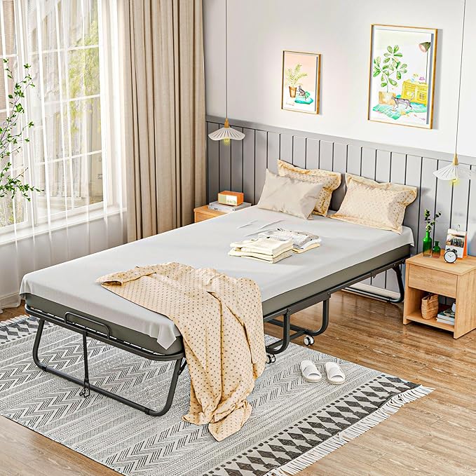 Greenvelly Folding Bed with 5 Inch Mattress, 75” x 31” Portable Rollaway Bed with Memory Mattress, Foldable Bed with Metal Frame for Adults,Guest,Space-Saving