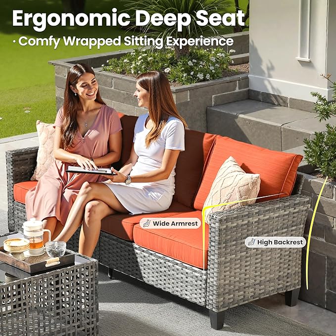 ovios 8 Pieces Patio Furniture Set, Outdoor Wicker Sofa Couch with Rocking Swivel Chairs Solar Lights Table, Modern Deep Seat Rattan Conversation Sets for Deck Porch, Orange Red