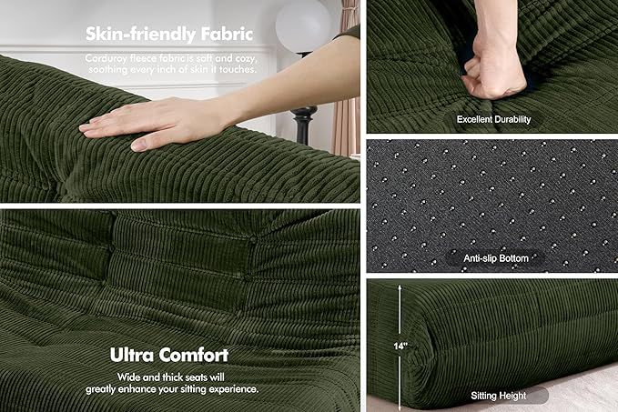 Bean Bag Chair,Giant Beanbag Chairs for Adults,Comfy Large Fireside Chair Lazy Sofa,Corduroy Bean Bag Lounger with Memory Foam Filled,Floor Sofa Couch for Home,Living Room (Green, 3-Seater)