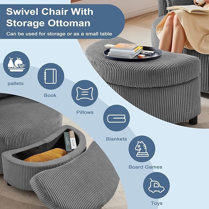 Chorlenimi Swivel Accent Chair Round Barrel Armchair Upholstered Living Room Chair Corduroy Reading Chair Single Sofa Chair for Bedroom Apartment Office (Grey, Standard 1Seater+ Ottoman)
