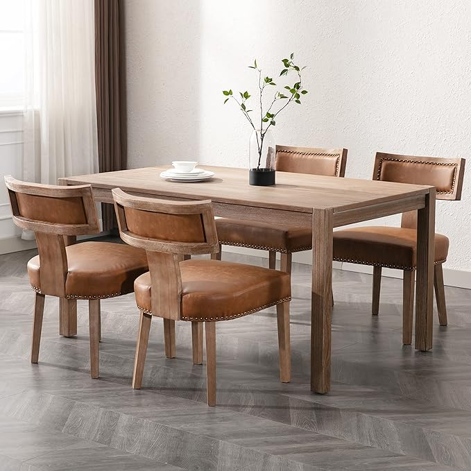 RIVOVA Mid Century Modern Dining Chairs Set of 4, Farmhouse Dining Chairs with Nailhead Trim, Faux Leather Upholstered Dining Room Chairs Kitchen Chairs with Wood Legs, Brown