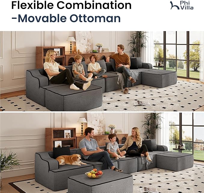 PHI VILLA Cloud Modular Couch, Boneless Sectional Sofa with U-Shaped Chaise, 7-Seater Couches with Movable Ottomans for Living Room, No Assembly Required, Corduroy, Grey
