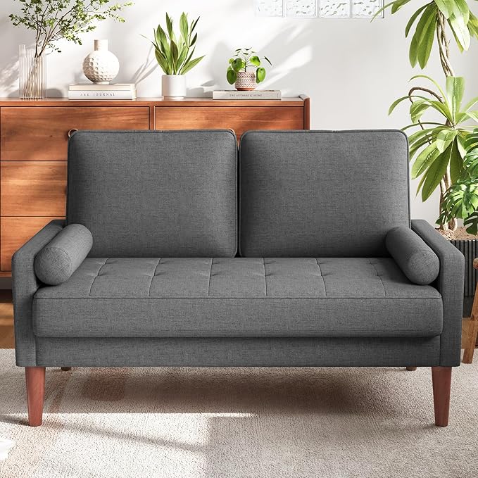 Loveseat Sofa with Solid Wood Legs, 48" Small Couches for Small Spaces, Love Seat for Living Room, Bedroom, Easy Assembly Mid Century Modern Couch with Throw Pillow for Apartment, Grey