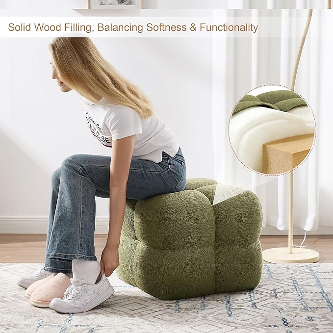 Zesthouse Square Pouf Ottoman Footstool, Modern Ottoman Coffee Table for Living Room, Poofy Boucle Stool Foot Rest, Upholstered Tufted Stool for Couch, Cube Vanity Chair Backless for Bedroom, Green